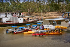 Boat and Canoe Hire with PS Adelaide sailing past, Echuca, Victoria