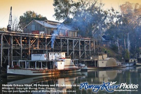 Historic Echuca Wharf, PS Pevensy and PS Adelaide on sunrise, Echuca, Victoria