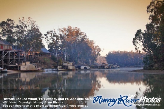 Historic Echuca Wharf, PS Pevensy and PS Adelaide on sunrise, Echuca, Victoria