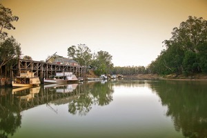 Historic Echuca Wharf, PS Pevensy and PS Alexander Arbuthnot on sunrise, Echuca, Victoria