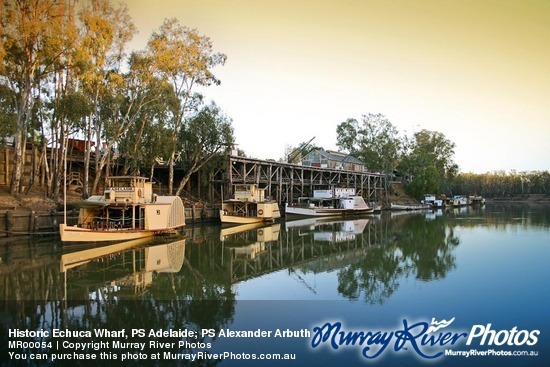 Historic Echuca Wharf, PS Adelaide; PS Alexander Arbuthnot and PS Pevensy on sunrise, Echuca, Victoria