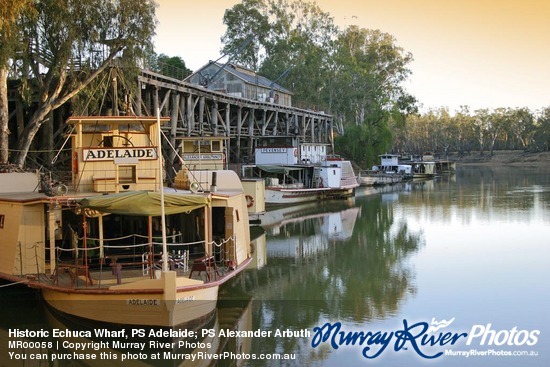 Historic Echuca Wharf, PS Adelaide; PS Alexander Arbuthnot and PS Pevensy on sunrise, Echuca, Victoria