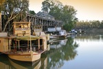 Historic Echuca Wharf, PS Adelaide; PS Alexander Arbuthnot and PS Pevensy on sunrise, Echuca, Victoria
