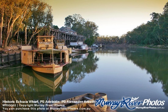 Historic Echuca Wharf, PS Adelaide; PS Alexander Arbuthnot and PS Pevensy on sunrise, Echuca, Victoria