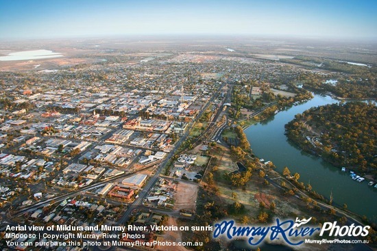 Aerial view of Mildura and Murray River, Victoria on sunrise