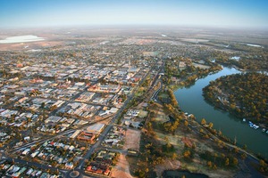 Aerial view of Mildura and Murray River, Victoria on sunrise