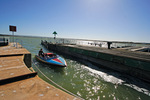 Boat entering lock at Goolwa Barrages, South Australia