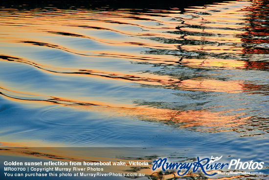Golden sunset reflection from houseboat wake, Victoria