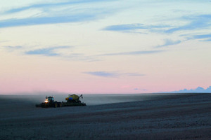 Harvester in the Mallee on sunset in Victoria