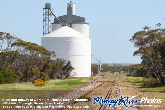 Silos and railway at Geranium, Mallee, South Australia