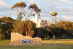 Parilla town entrance sign and silos, South Australia