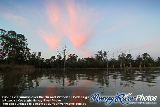 Clouds on sunrise over the SA and Victorian Border sign at Border Cliffs