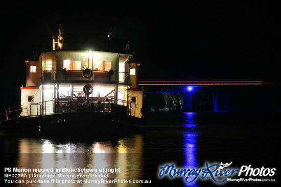 PS Marion moored in Blanchetown at night
