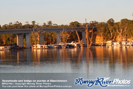 Houseboats and bridge on sunrise at Blanchetown