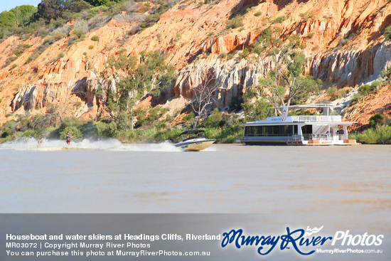 Houseboat and water skiiers at Headings Cliffs, Riverland