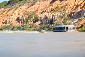 Houseboat and water skiiers at Headings Cliffs, Riverland