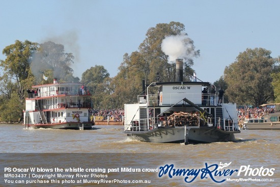 PS Oscar W blows the whistle crusing past Mildura crowd