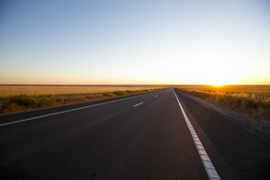 Sturt Highway A20 on sunrise over Big Plain, South Australia