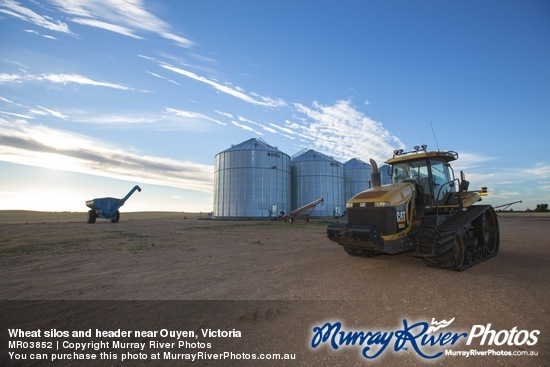 Wheat silos and header near Ouyen, Victoria