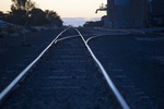 Railway tracks in the Mallee on sunrise, Walpeup, Victoria