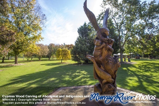 Cypress Wood Carving of Aboriginal and Indigenous animals, Barooga Botanic Gardens, NSW by Mark Rosenbrock